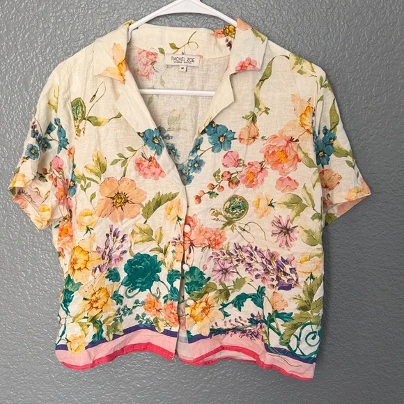 Rachel Zoe whimsical aftermarket cropped linen Floral Blouse - Picture 1 of 8